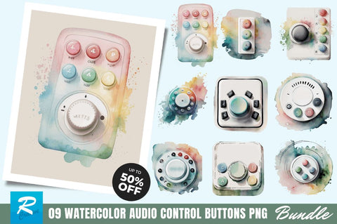 Watercolor Audio Control Buttons Clipart Bundle Sublimation Regulrcrative 