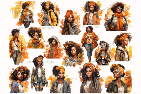 Watercolor Autumn Black Girl Clipart | Fall Graphic Images SVG GlamArtZhanna 
