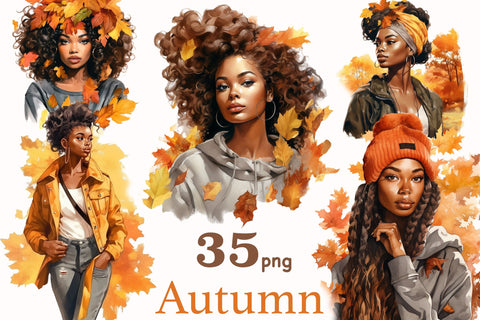 Watercolor Autumn Black Girl Clipart | Fall Graphic Images SVG GlamArtZhanna 