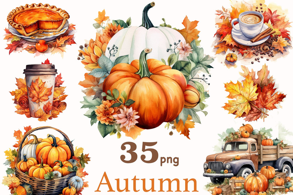 Watercolor Autumn Clipart PNG | Cozy Fall Illustration Set - So Fontsy