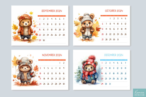 Watercolor Baby Bear Wearing Hat | Printable Calendar 2024 Sublimation Kseniia designer 
