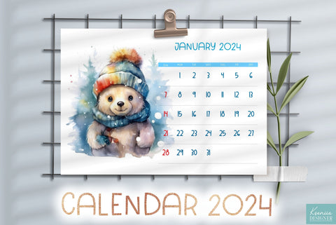 Watercolor Baby Bear Wearing Hat | Printable Calendar 2024 Sublimation Kseniia designer 
