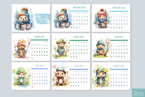Watercolor Baby Bear Wearing Hat | Printable Calendar 2024 Sublimation Kseniia designer 
