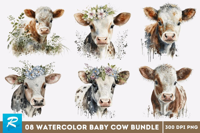 Watercolor Baby Cow Bundle Sublimation Regulrcrative 