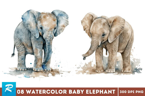 Watercolor Baby Elephant Clipart Bundle Sublimation Regulrcrative 