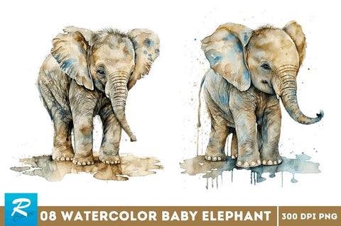 Watercolor Baby Elephant Clipart Bundle Sublimation Regulrcrative 