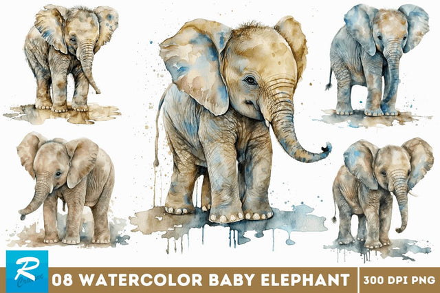 Watercolor Baby Elephant Clipart Bundle Sublimation Regulrcrative 