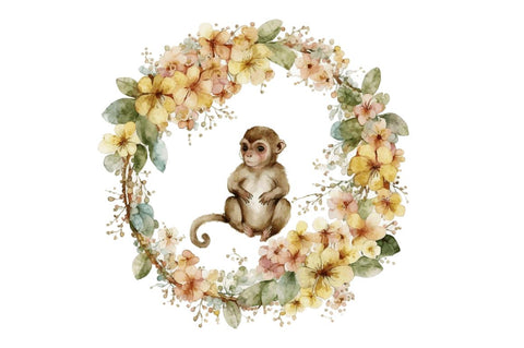 Watercolor Baby Monkey Flower Wreath Clipart Bundle Sublimation Regulrcrative 