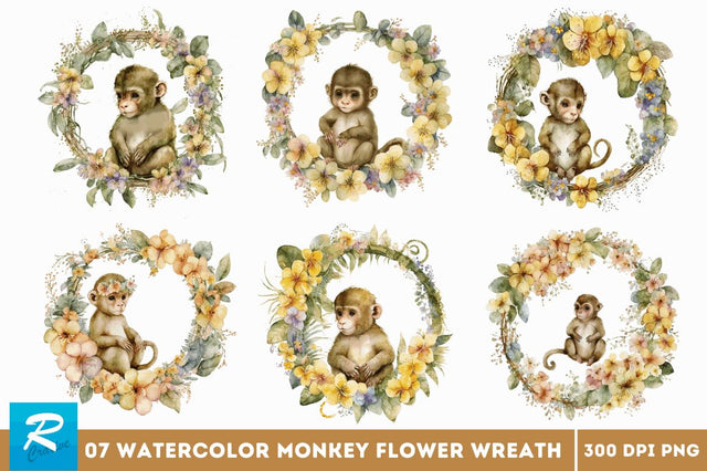 Watercolor Baby Monkey Flower Wreath Clipart Bundle Sublimation Regulrcrative 