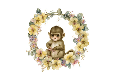 Watercolor Baby Monkey Flower Wreath Clipart Bundle Sublimation Regulrcrative 