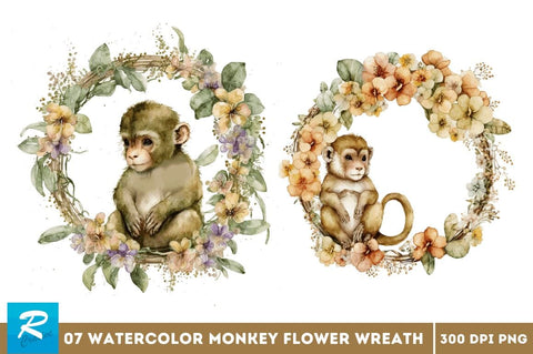 Watercolor Baby Monkey Flower Wreath Clipart Bundle Sublimation Regulrcrative 