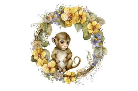 Watercolor Baby Monkey Flower Wreath Clipart Bundle Sublimation Regulrcrative 