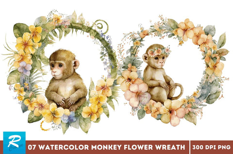 Watercolor Baby Monkey Flower Wreath Clipart Bundle Sublimation Regulrcrative 