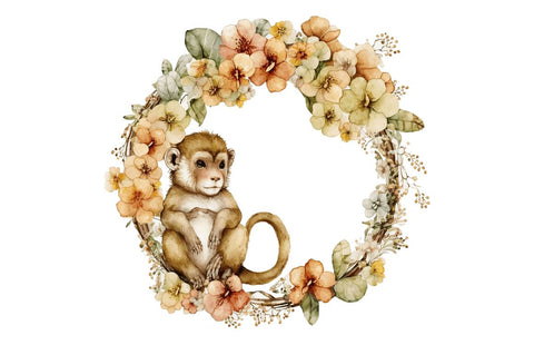 Watercolor Baby Monkey Flower Wreath Clipart Bundle Sublimation Regulrcrative 
