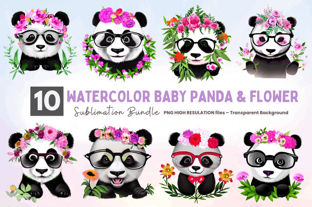 Watercolor Baby Panda and Flower Clipart Bundle Sublimation Regulrcrative 
