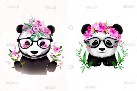 Watercolor Baby Panda and Flower Clipart Bundle Sublimation Regulrcrative 