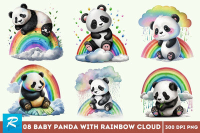 Watercolor Baby Panda with Rainbow Cloud Clipart Bundle Sublimation Regulrcrative 