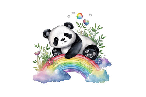 Watercolor Baby Panda with Rainbow Cloud Clipart Bundle Sublimation Regulrcrative 