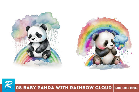 Watercolor Baby Panda with Rainbow Cloud Clipart Bundle Sublimation Regulrcrative 