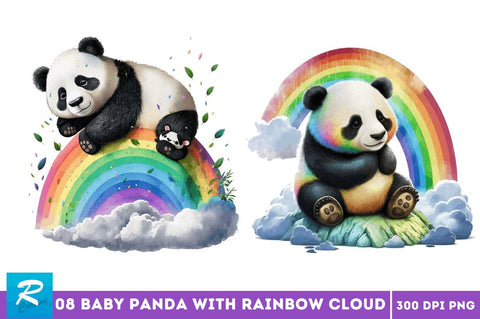 Watercolor Baby Panda with Rainbow Cloud Clipart Bundle Sublimation Regulrcrative 