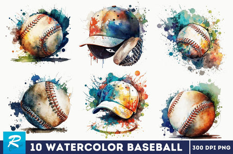 Watercolor Baseball Clipart Bundle Sublimation Regulrcrative 