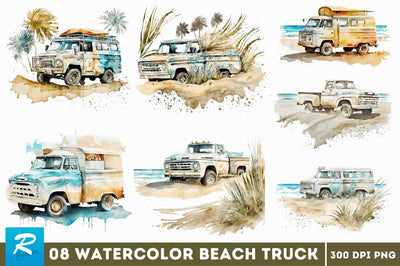 Watercolor Beach Truck Clipart Bundle Sublimation Regulrcrative 