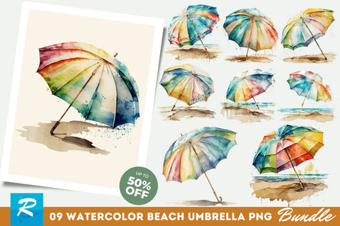 Watercolor Beach Umbrella Clipart Bundle Sublimation Regulrcrative 