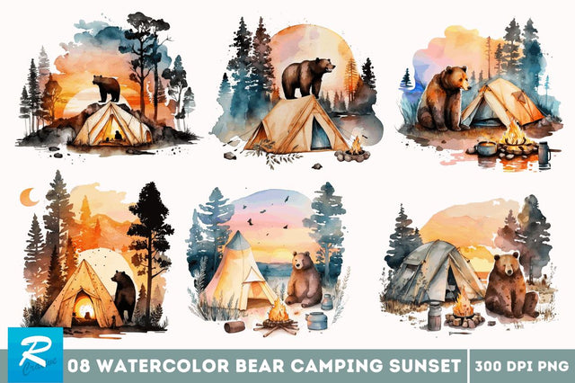 Watercolor Bear Camping at Sunset Clipart Bundle Sublimation Regulrcrative 
