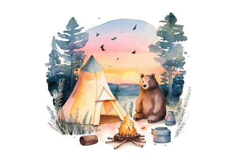 Watercolor Bear Camping at Sunset Clipart Bundle Sublimation Regulrcrative 