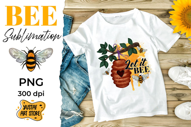 Watercolor Bee and hive sublimation design "Let it Bee" quote Sublimation Yustaf Art Store 