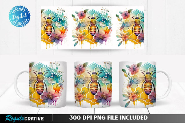 Watercolor Bee Flowers 11, 12 & 15 Oz Mug Sublimation Sublimation Regulrcrative 