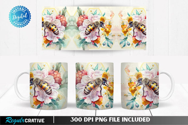 Watercolor Bee Flowers Honey 11, 12 & 15 Oz Mug Sublimation Sublimation Regulrcrative 
