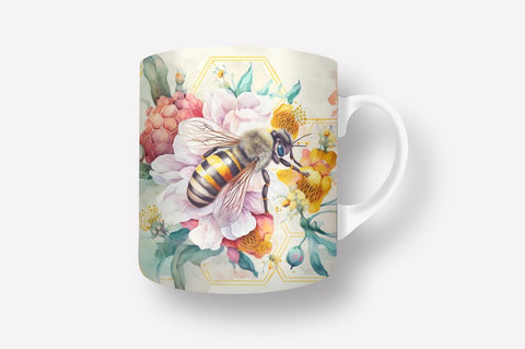 Watercolor Bee Flowers Honey 11, 12 & 15 Oz Mug Sublimation Sublimation Regulrcrative 