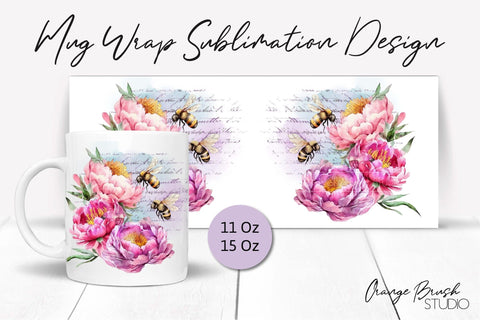Watercolor Bee Mug Sublimation Wrap 11Oz 15Oz Coffee Cup PNG Sublimation OrangeBrushStudio 