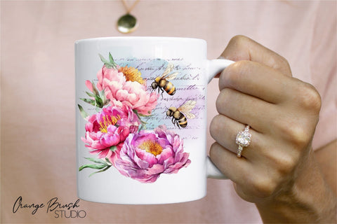 Watercolor Bee Mug Sublimation Wrap 11Oz 15Oz Coffee Cup PNG Sublimation OrangeBrushStudio 