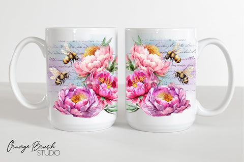 Watercolor Bee Mug Sublimation Wrap 11Oz 15Oz Coffee Cup PNG Sublimation OrangeBrushStudio 