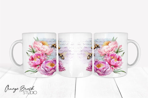 Watercolor Bee Mug Sublimation Wrap 11Oz 15Oz Coffee Cup PNG Sublimation OrangeBrushStudio 
