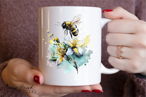 Watercolor Bee Sublimation Bundle, Spring Flowers Bees PNG Sublimation OrangeBrushStudio 