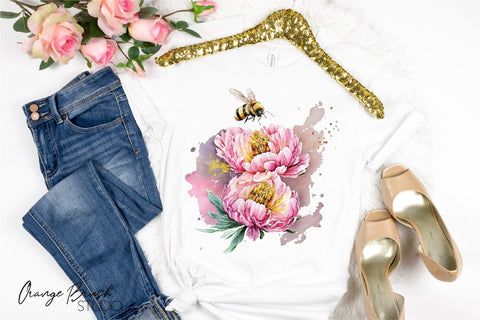 Watercolor Bee Sublimation Bundle, Spring Flowers Bees PNG Sublimation OrangeBrushStudio 