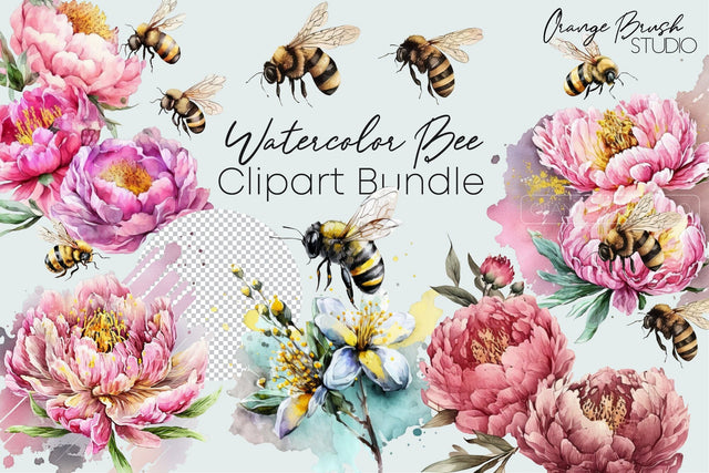 Watercolor Bee Sublimation Bundle, Spring Flowers Bees PNG Sublimation OrangeBrushStudio 