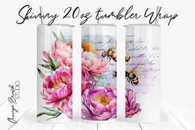 Watercolor Bee Tumbler Wrap, Floral Tumbler Sublimation Sublimation OrangeBrushStudio 