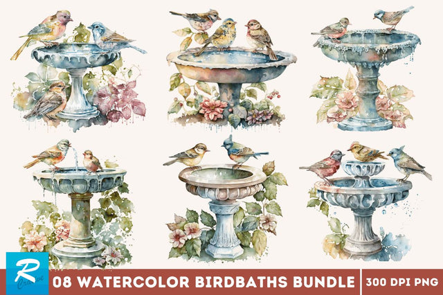 Watercolor Birdbaths Bundle Sublimation Regulrcrative 