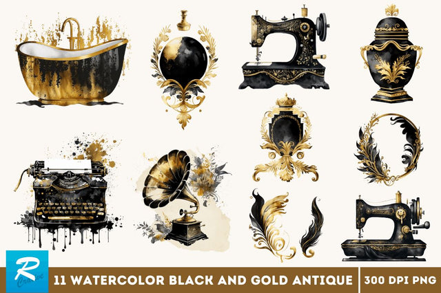 Watercolor Black and Gold Antique Clipart Bundle Sublimation Regulrcrative 