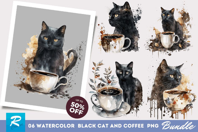 Watercolor Black Cat and Coffee Clipart Bundle Sublimation Regulrcrative 