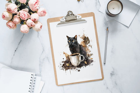 Watercolor Black Cat and Coffee Clipart Bundle Sublimation Regulrcrative 