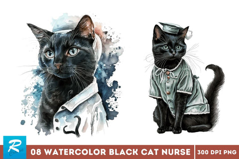 Watercolor Black Cat Nurse Bundle Sublimation Regulrcrative 