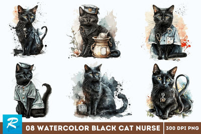 Watercolor Black Cat Nurse Bundle Sublimation Regulrcrative 