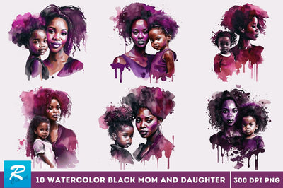 Watercolor black Mom and Daughter Clipart Bundle Sublimation Regulrcrative 