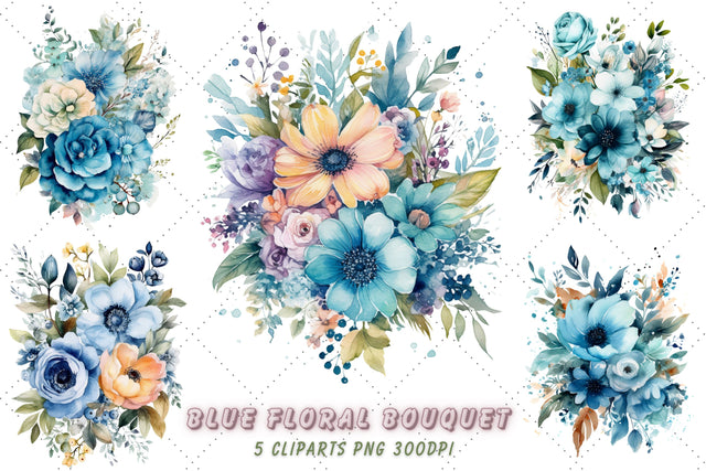 Watercolor Blue Floral Bouquet Clipart Bundle Sublimation FloridPrintables 