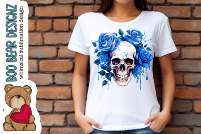 Watercolor Blue Rose Skull Clipart Sublimation Boo Bear Designz 